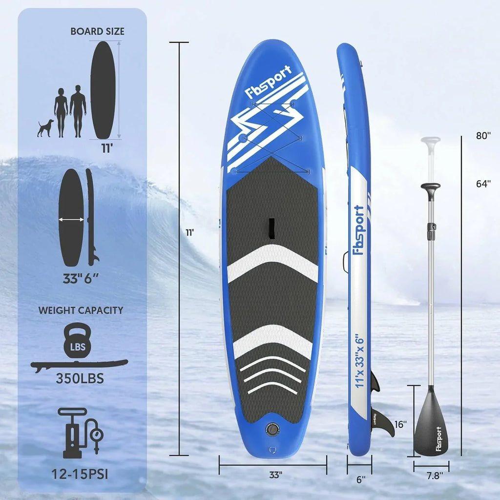 Planche de stand up paddle FBSPORT Premium 11', planche de yoga, contrôle du surf, pont antidérapant, attache, pagaie et pompe