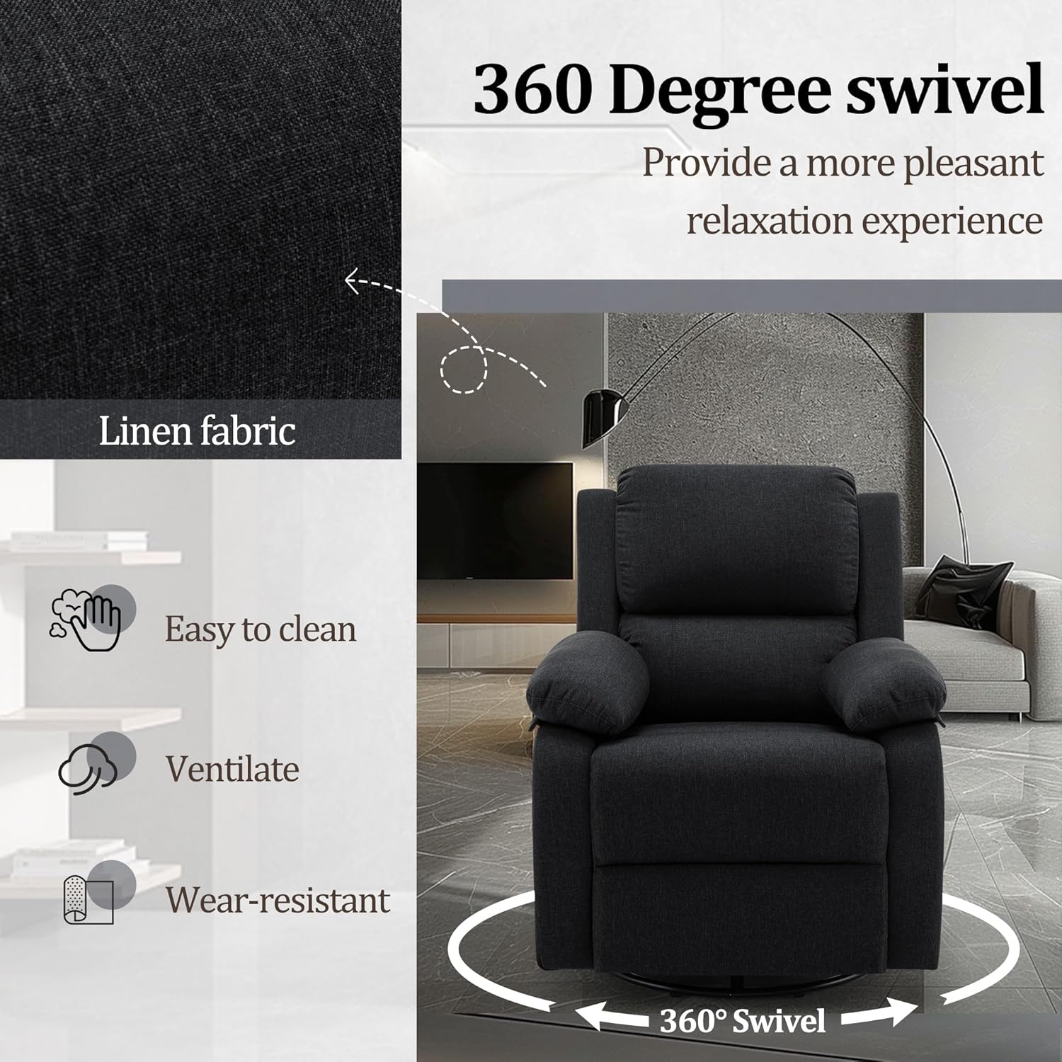 Fauteuil à bascule inclinable pivotant à 360 degrés en tissu coulissant