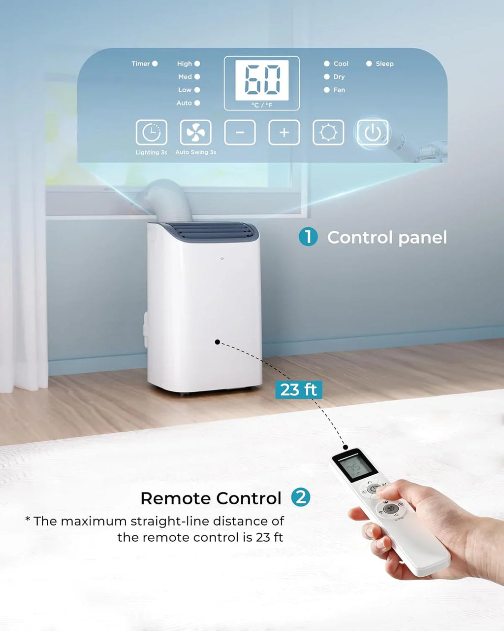 Climatiseur portatif EUHOMY 8 000 BTU, 4 en 1, couvre jusqu'à 350 pi², 4 modes, silencieux, avec télécommande, refroidissement, ventilateur, déshumidificateur