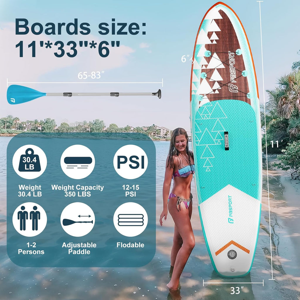Planche de stand up paddle FBSPORT Premium 11', planche de yoga, contrôle du surf, pont antidérapant, attache, pagaie et pompe