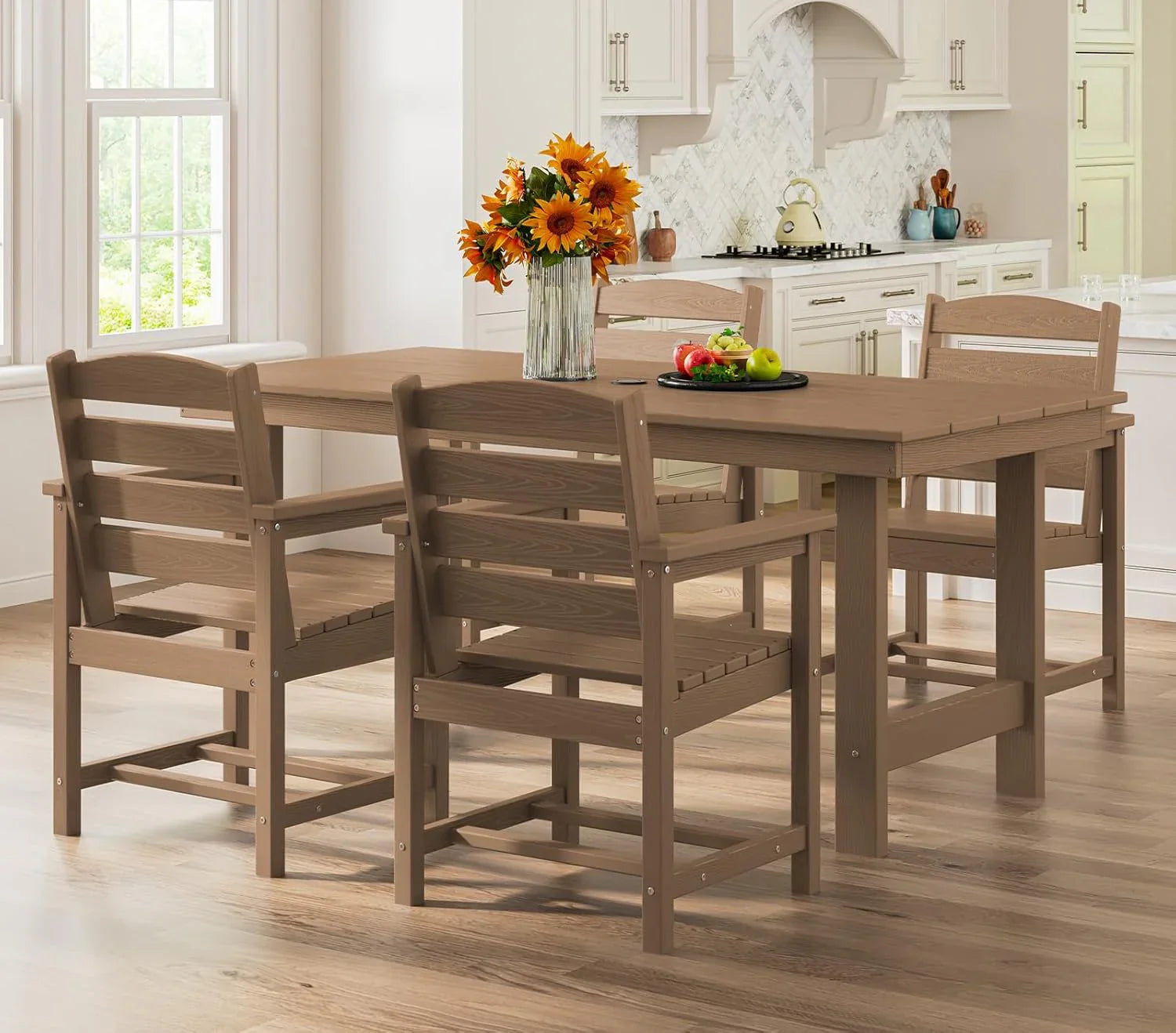 Ensemble de salle à manger d'extérieur en PEHD, 7 pièces, avec table découpée pour parasol et 6 chaises