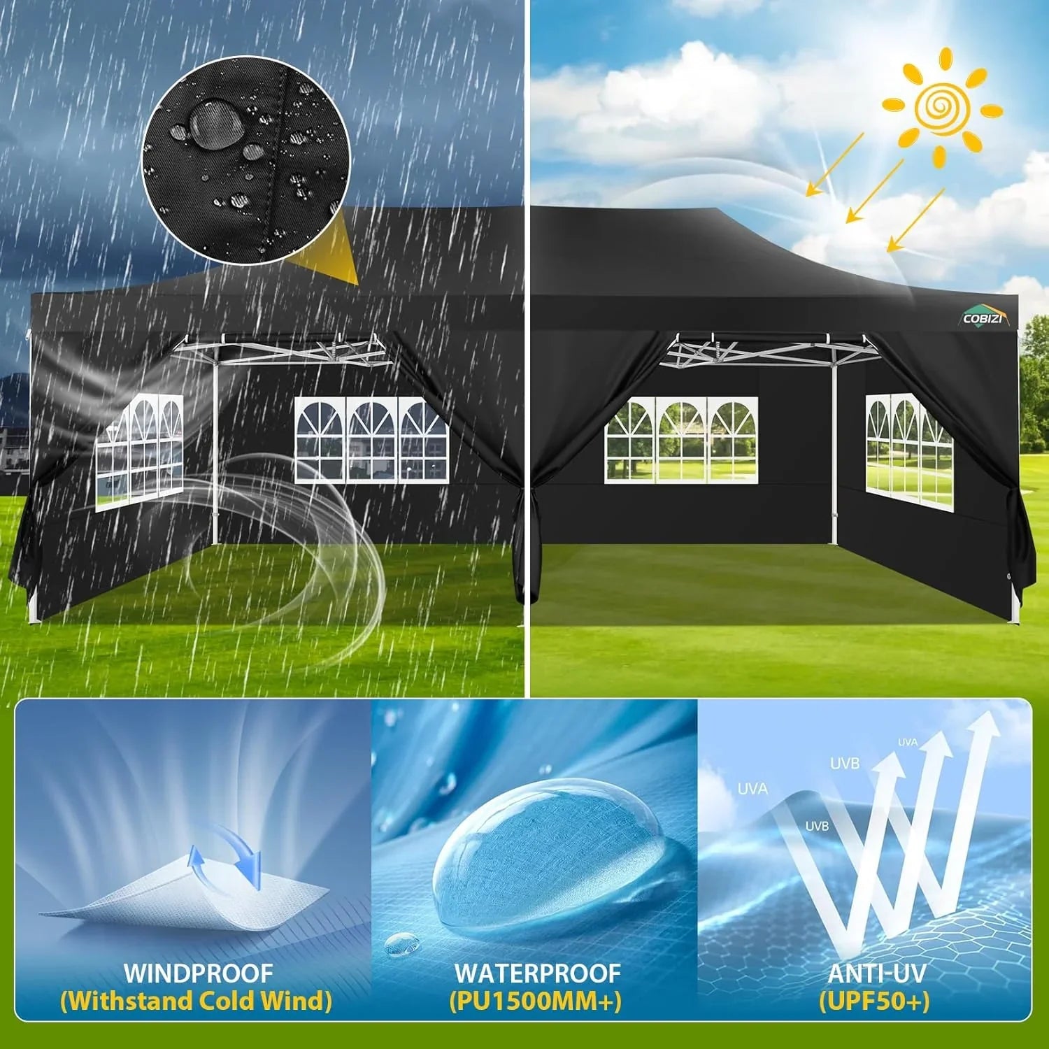 Tente pop-up robuste COBIZI 10x20 avec 6 parois latérales, facile à installer