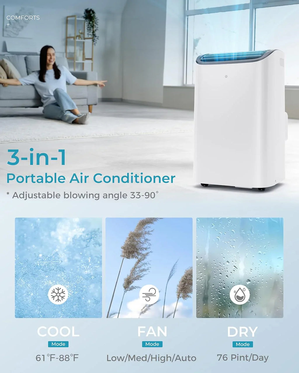 Climatiseur portatif EUHOMY 8 000 BTU, 4 en 1, couvre jusqu'à 350 pi², 4 modes, silencieux, avec télécommande, refroidissement, ventilateur, déshumidificateur